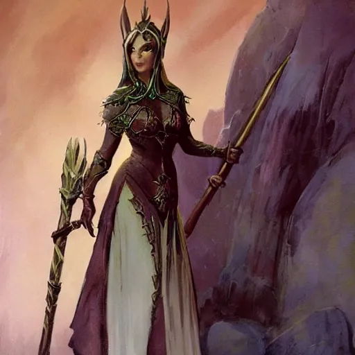 Image similar to elven princess character portrait by frank frazetta - wearing a dress, holding a staff, fantasy, dungeons & dragons, sharp focus, beautiful, artstation contest winner, detailed