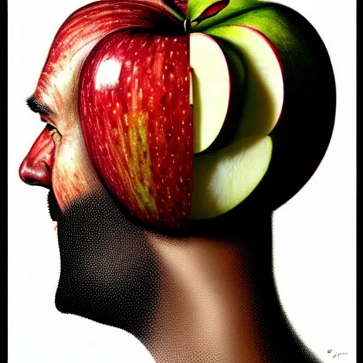 Image similar to apples arranged in the shape of a face resembling steve jobs, fantasy, intricate, elegant, highly detailed, lifelike, photorealistic, digital painting, artstation, illustration, smooth, sharp focus, art by giuseppe arcimboldo