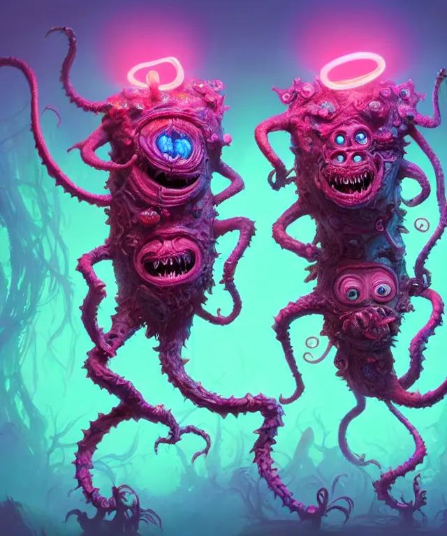 Image similar to a two headed xanathar made of bioluminescence in the art style of monsters inc, crisp 8 k line art, digital painting, artstation, unreal engine, octane render, emissive lighting, concept art, matte, sharp focus, hyper realistic lighting, illustration, deep royal blue and pink color scheme, art by carne griffiths