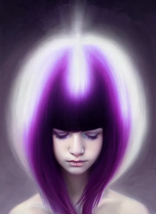 Image similar to hair whitebangs hair, black hair, blackbangswhitehair, portrait of teenage girl with white bangs, red irises, purple clothes, white bangs, bangs are different color from hair, intricate, elegant, glowing lights, highly detailed, digital painting, artstation, concept art, sharp focus, illustration, art by wlop, mars ravelo and greg rutkowski