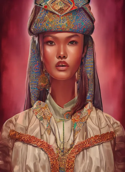 Image similar to portrait of an indonesian supermodels wearing traditional costume, highly detailed, digital painting, artstation, concept art, sharp focus, illustration