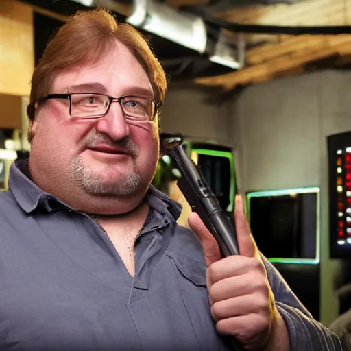 Prompt: Gabe Newell holding a Steam Deck