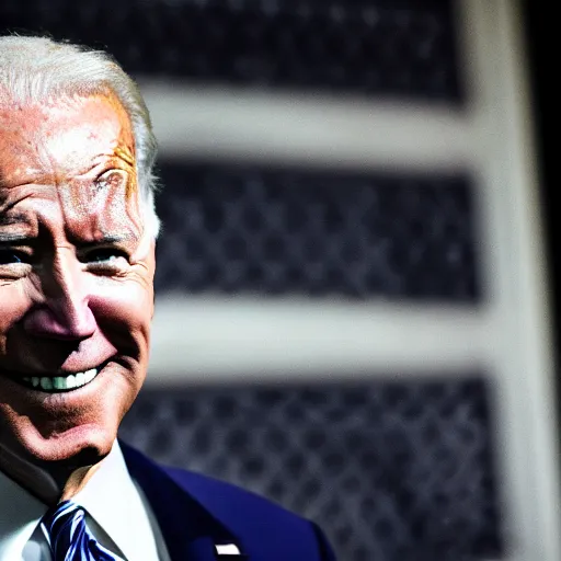 Prompt: joe biden in shadow grinning glowing eyes, backlit, 8 k, rule of thirds, ultra detailed.