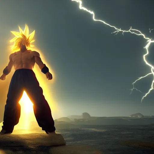 Prompt: jesus Christ as super saiyan, lightning in the sky, glowing, highly detailed, focus, photorealistic, cryengine