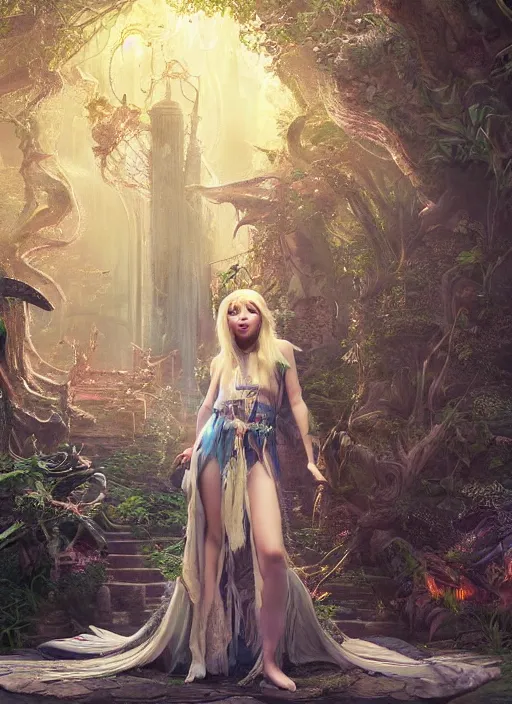 Image similar to Beautiful art full shot of taylor momsen as a fantasy priestess in a bright temple surrounded by lush forest, atmospheric lighting, intricate detail, cgsociety, hyperrealistic, octane render, RPG portrait, ambient light, dynamic lighting