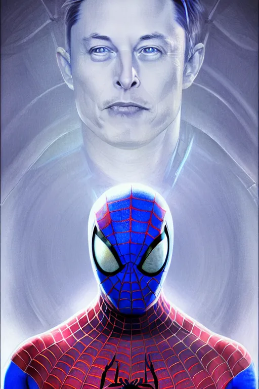 Image similar to elon musk as a blue suit spider man, realistic portrait, symmetrical, highly detailed, digital painting, artstation, concept art, smooth, sharp focus, illustration, cinematic lighting, art by artgerm and greg rutkowski and alphonse mucha