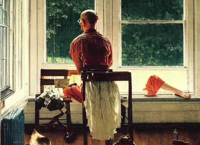 Image similar to a laughing man sitting by the window, a slim woman in the background, norman rockwell