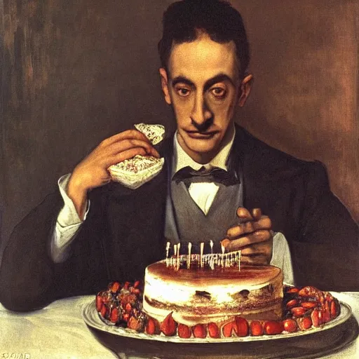 Image similar to man in suit eating a beautiful birthday cake by el greco, remedios vary, salvador dali, carl gustav carus, john atkinson grimshaw. high detail, great lighting, 8 k resolution, masterpiece, concept art, illustration