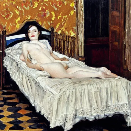 Image similar to painting of emma stone!!! on a victorian bed in a big old room, wide shot by lucian freud