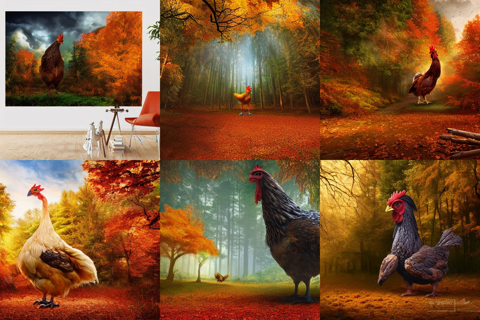 Prompt: giant chicken in a forest in autumn, fantasy matte painting