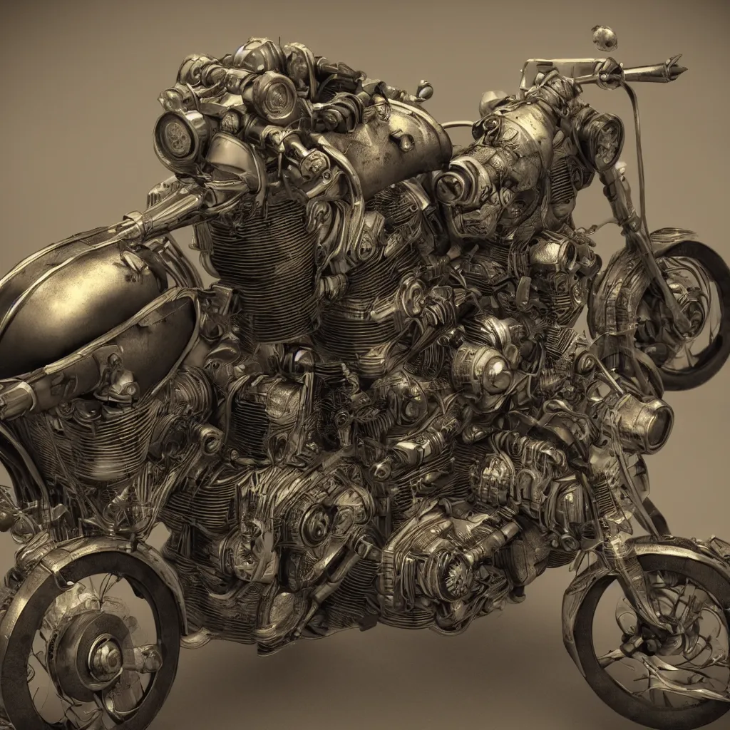 Image similar to steampunk style motorcycle, photorealistic, 3 d rendering, cute, unreal engine, bokeh