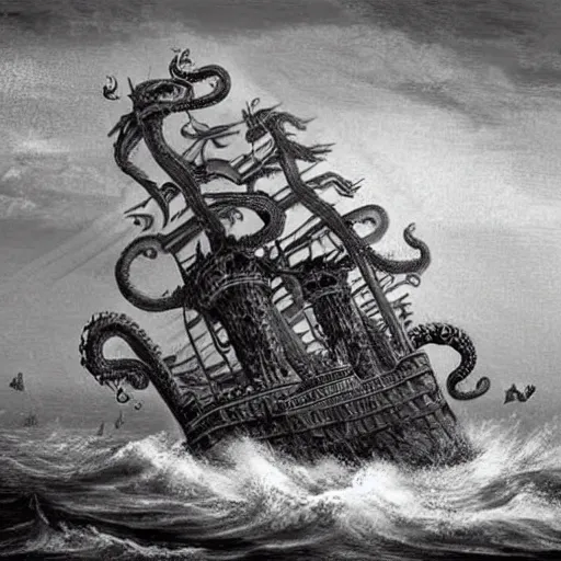 Image similar to an impossibly huge pirate ship, being attacked by a kraken, giant tentacles. 2010s photograph