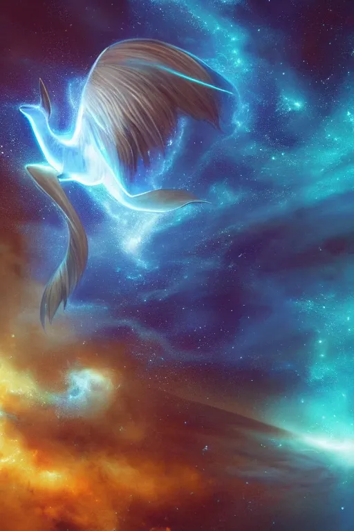 Image similar to Ethereal blue fire dolphin flying through a nebula, Sirius star system, star dust, cosmic, magical, shiny, glow,cosmos, galaxies, stars, outer space, stunning, by andreas rocha and john howe, and Martin Johnson Heade, featured on artstation, featured on behance, golden ratio, ultrawide angle, hyper detailed, photorealistic, epic composition, wide angle, f32, well composed, UE5, 8k