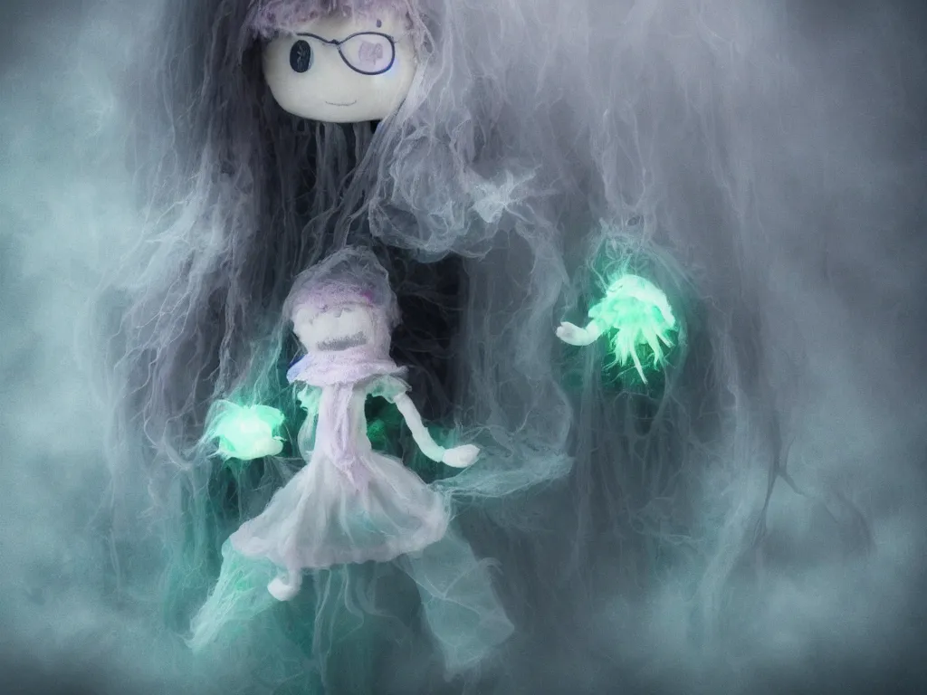 Prompt: cute fumo plush smiling ectoplasmic jellyfish ghost girl lingering in deep fog over mysterious waters, patchwork doll chibi gothic maiden in tattered melting rags, glowing wisps of hazy green smoke and eerie blue volumetric fog swirling about, moonlight, glowing lens flare, black and white, vray