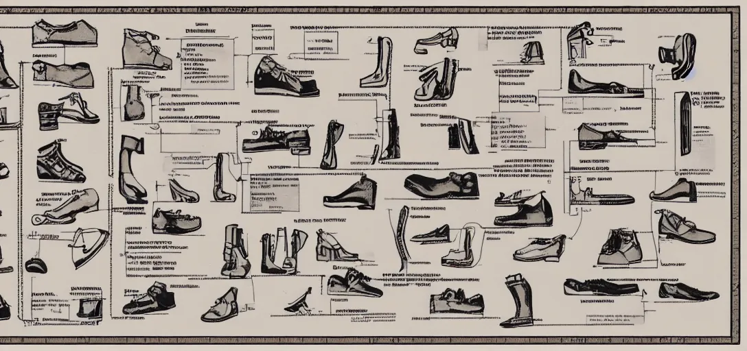 Image similar to Extremely complex instruction manual for putting on shoes, with numerous detailed schematic diagrams.