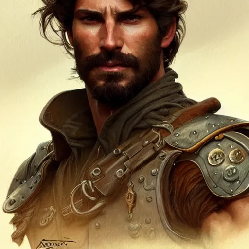 Image similar to portrait of a rugged ranger, handsome, muscular, 30 years old, D&D, fantasy, intricate, elegant, highly detailed, digital painting, artstation, concept art, matte, sharp focus, illustration, art by Artgerm and Greg Rutkowski and Alphonse Mucha