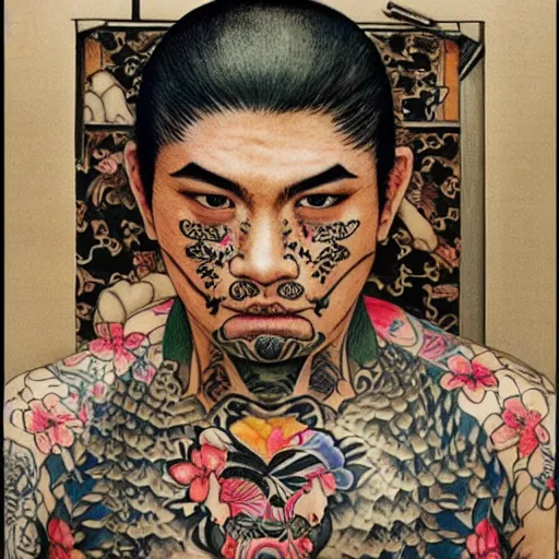 Prompt: A Frontal portrait of a heavily tattooed Yakuza gang member as a prisoner awaiting sentencing inside a bamboo cage, with tattoos of flowers and butterflies and puppies and Hello Kitty and Rainbow Bright. A painting by Norman Rockwell.