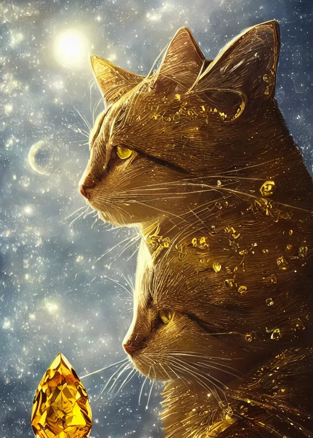 Prompt: best book cover design, glowing silver and golden elements, full close-up portrait of realistic cat with topaz, book cover, citrine gem forest, blue diamond moon, establishing shot, extremely high detail, photo-realistic, cinematic lighting, by Yoshitaka Amano, Ruan Jia, Kentaro Miura, Artgerm, post processed, concept art, artstation, matte painting, style by eddie mendoza, raphael lacoste, alex ross
