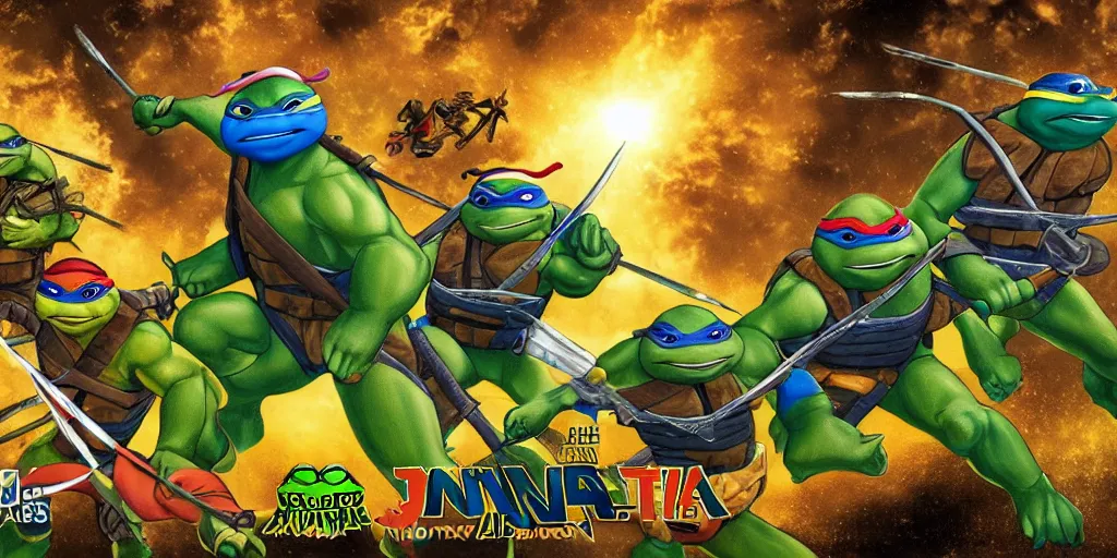 Prompt: ninja turtles escape and two military ( american uniform ) ran to sound the alarm and all the turtles began to descend the water slides, waves of stars and clouds. ultra clear detailed. golden spiral, 4 k,