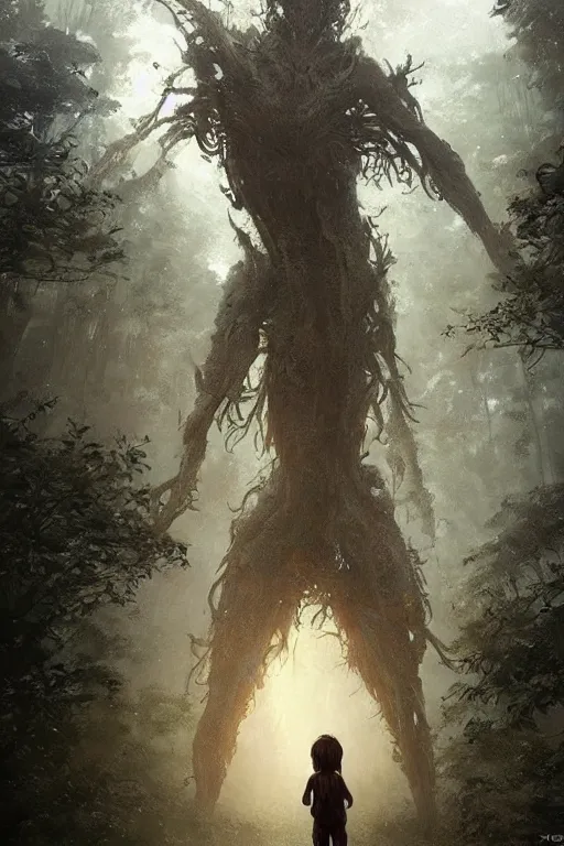 Image similar to a beautiful terrifying humanoid tree beast looms over a tiny human. at dawn, ethereal fantasy art by greg rutkowski