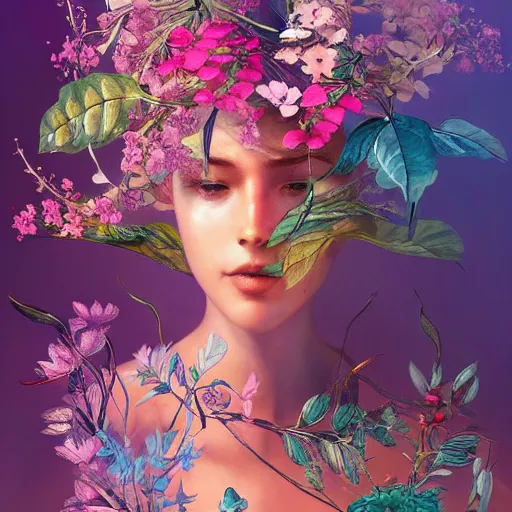 Prompt: a bouquet of ethereal big colorful transparent entangled flowers, wild foliage, vivid, detailed painting, Houdini algorhitmic pattern, by Ross Tran, WLOP, artgerm and James Jean, masterpiece, award winning painting