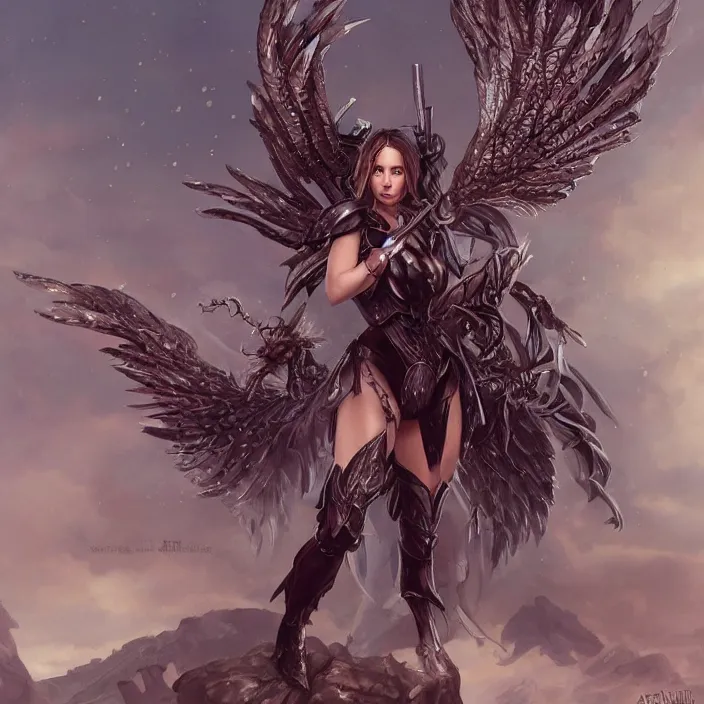 Prompt: jennifer love hewitt is a female angel with a shinny armour and big wings, d & d, fantasy, highly detailed, digital art, artstation, smooth, sharp focus, fantasy illustration, art by peter tang and artgem and alina ivanchenko and hirokazu yokohara and kago shintaro