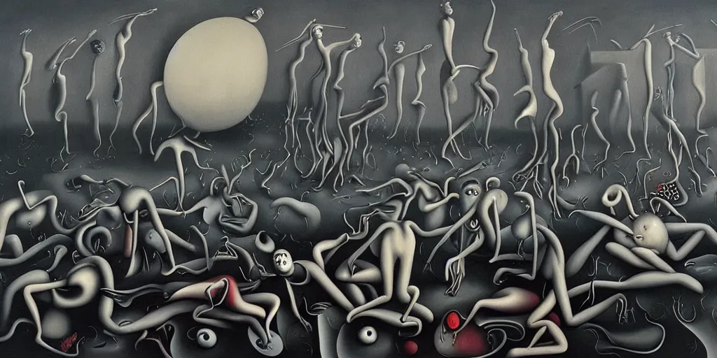 Image similar to despair, pain, anguish, fire, drowining, failure, isolation, detailed texured painting by surrealist master yves tanguy, brushstrokes