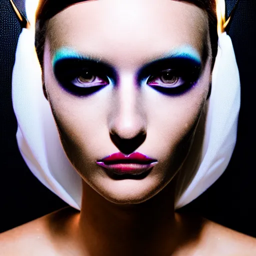 Image similar to high fashion photography of a model in neo futurism white sci - fi makup wearing antlers, transparent cloth, beautifully lit