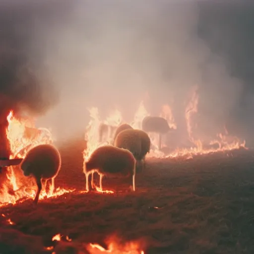 Prompt: sheep in a burning room on fire, cinestill 800t 50mm, photography, furniture on fire