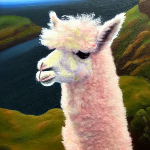 Prompt: fluffy pink alpaca on a cliff, oil painting