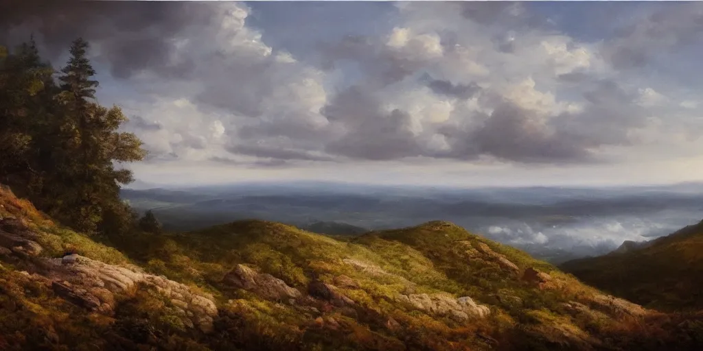 Image similar to a breathtaking landscape from a hilltop, cinematic lighting, detailed oil painting, hyperrealistic, 8k