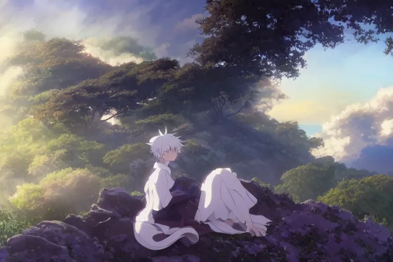 Prompt: a vast scene, panorama distant view, hyper detailed scene render of a boy and white lion, anime key visual of violet evergarden, finely detailed perfect face delicate features directed gaze, in the white clouds fairyland, golden curve structure, animation portrait concept art, trending on pixiv fanbox, violet evergarden, studio ghibli, james jean, extremely high quality artwork
