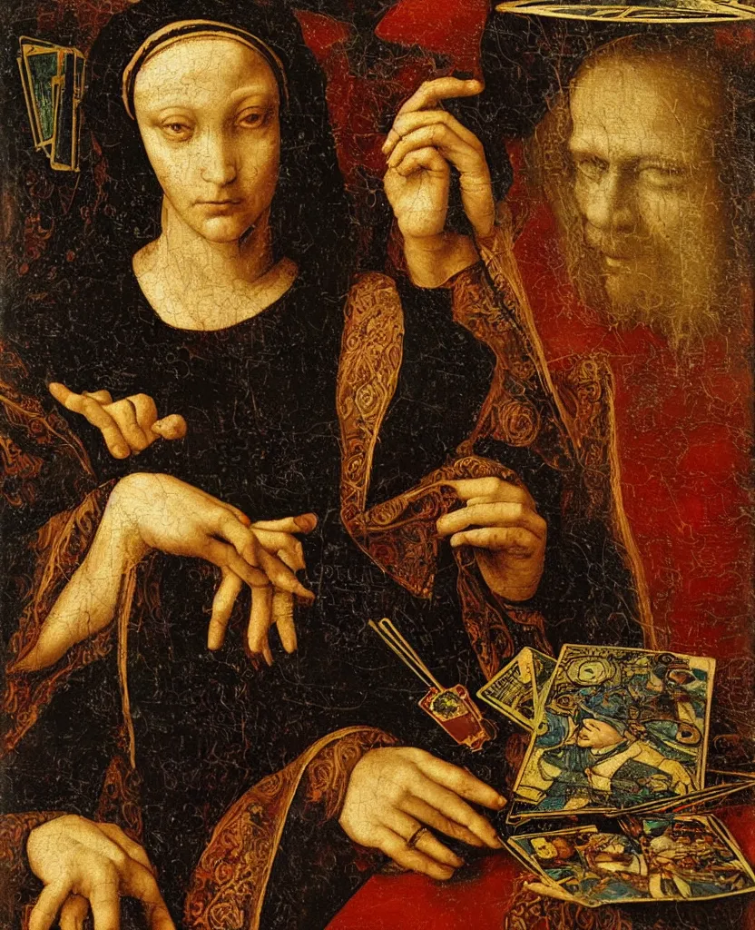 Prompt: an oil painting of a renaissance fortune teller with tarot cards in the style of Leonardo DaVinci