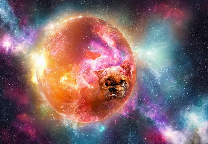 Prompt: a sphere, surface is textured with realistic dog faces, floating in space in front of nebula, high resolution photograph