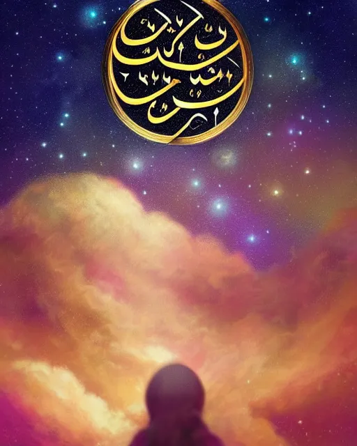 Image similar to the quran descending from the galaxy into clouds highly detailed, gold filigree, romantic storybook fantasy, soft cinematic lighting, award, pastel color palette, featured on artstation, digital art