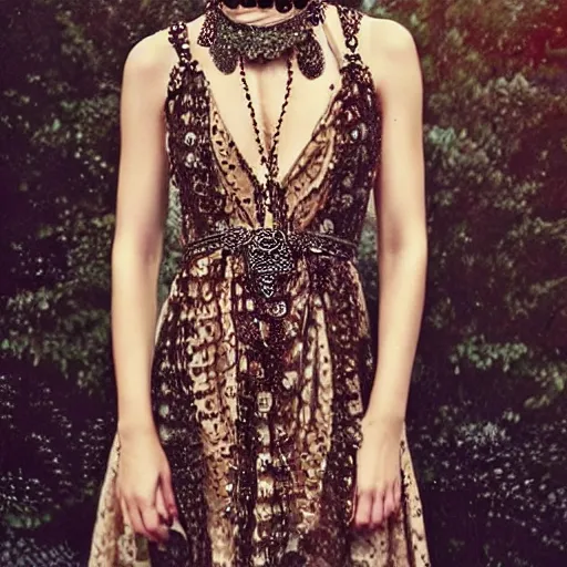 Image similar to fantasy choker dress made of bronze chains of patterned details and chains of the choker dress type. with ruby flowers. realistic. very clear details. a beautiful girl.