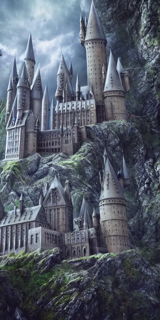 Prompt: Hogwarts in the middle of a dark airy land in the Harry Poter world, hyper realistic, landscape, nature
