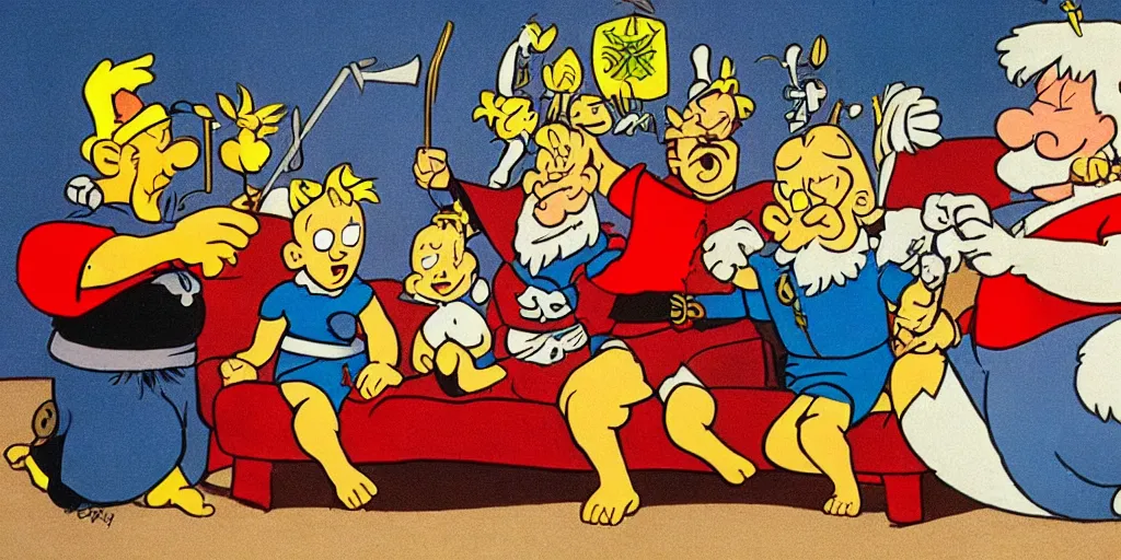 Prompt: Asterix, Obelix, Tintin and Snowy watching TV. drawing, cartoon, sofa,, drawn