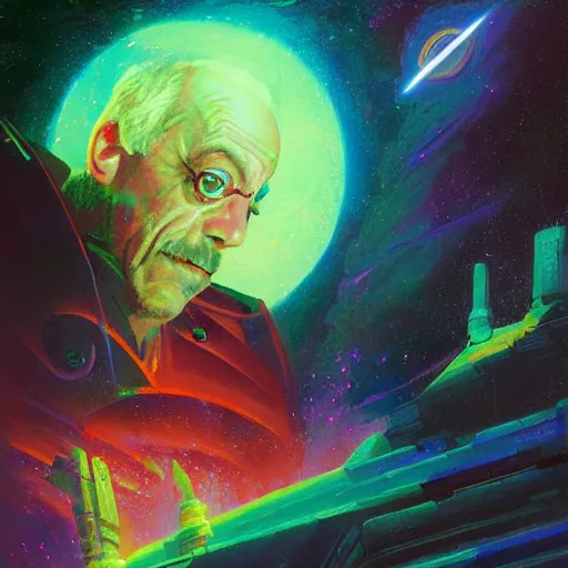 Image similar to epic illustration of Christopher Lloyd as a space wizard by Paul Lehr, detailed,