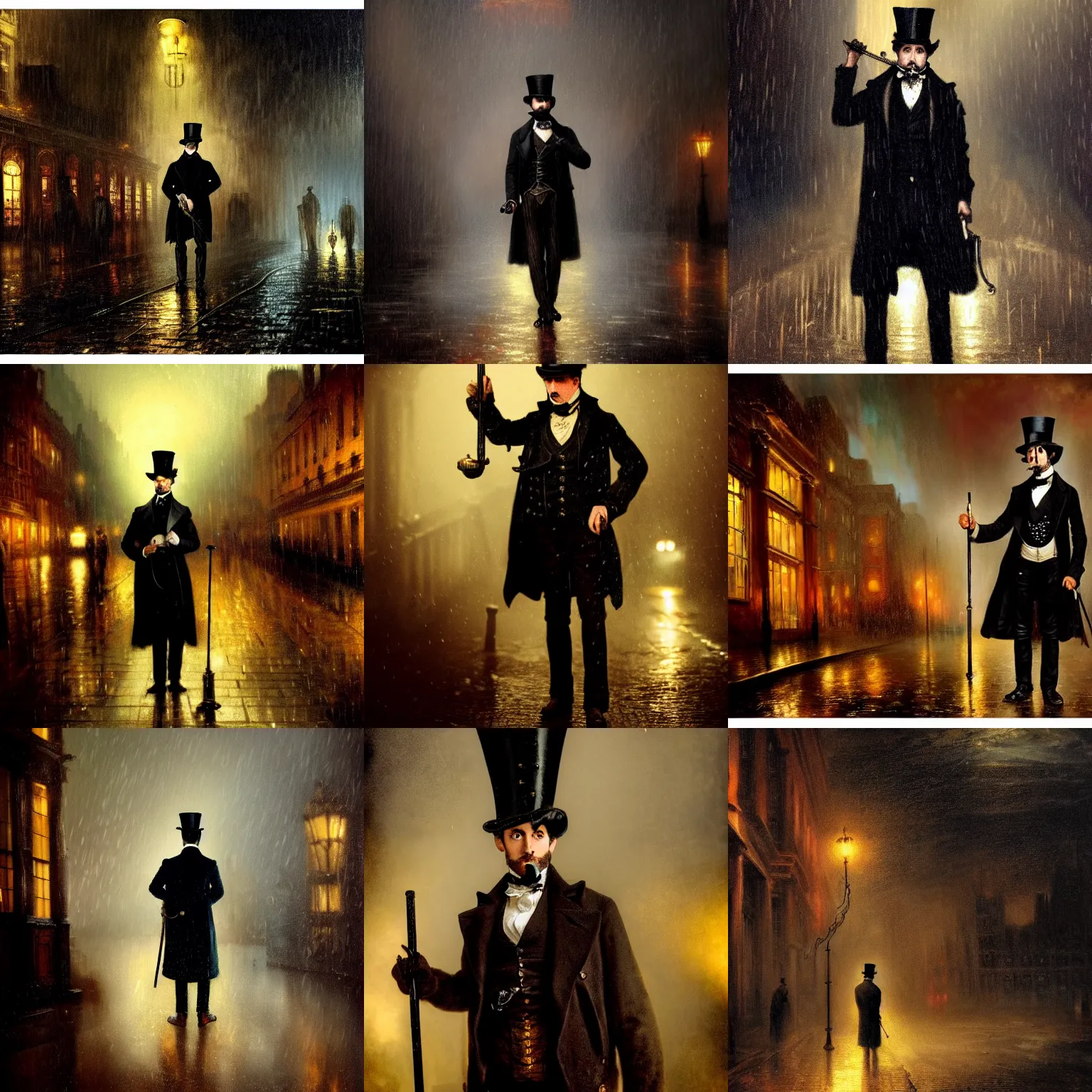 Prompt: steampunk 1 9 th century london, a man standing with a coat, a top hat and a cane, raining, dramatic lighting, dark colors, highly detailed, intricate, 8 k, by j. m. w turner, artstation