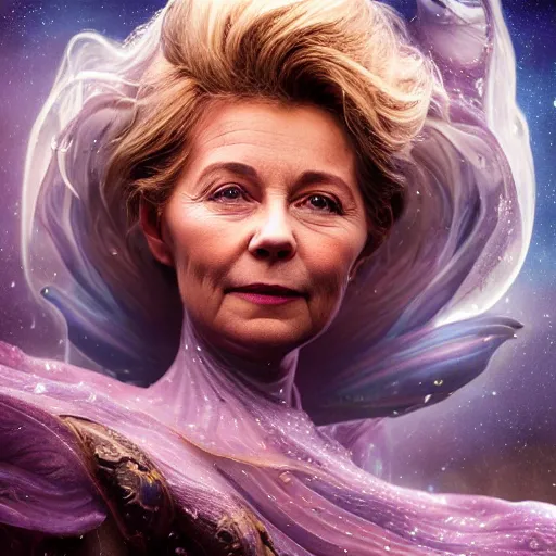 Prompt: beautiful detailed cgi matte painting female ursula von der leyen of the andromeda, by ellen jewett, alessio albi | symmetrical features, ominous, alluring, vivacious, realism, intricate, ornate, royally decorated, organic, growth, whirling nebulas, glowing particles, colorful refractive adornments, torn nebulas, radiant nebula colors