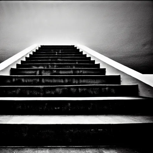 Image similar to black and white surreal photograph, highly detailed vast space made of stairsteps, sideview, detailed textures, natural light, mist, architecture photography, film grain, soft vignette, sigma 1 4 mm f / 1. 4 1 / 1 0 sec shutter, imax 7 0 mm footage