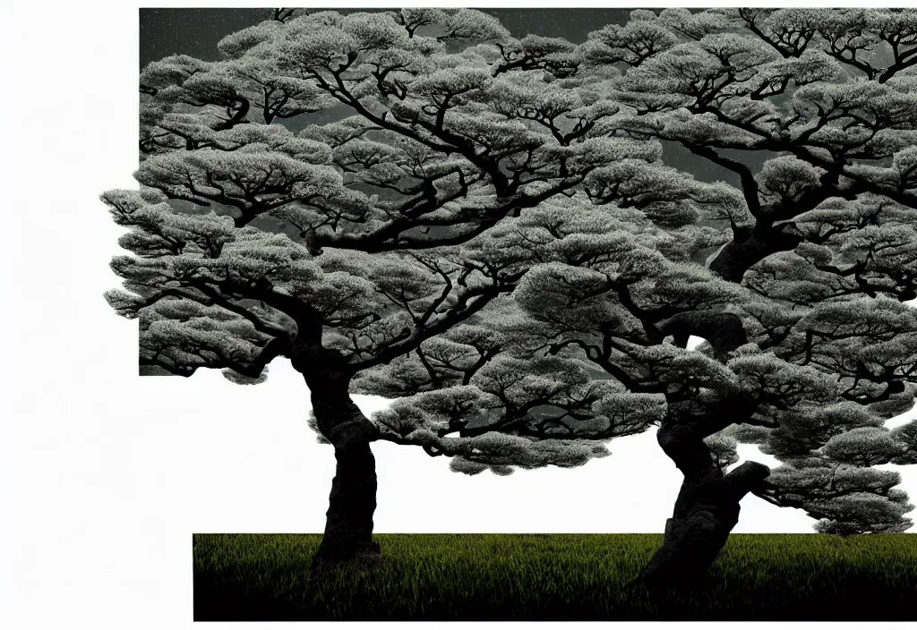 Prompt: windswept tree, rural japan, a collage painting, in the style of wes anderson, lola dupre, david hockney, isolated on negative white space background dark monochrome fluorescent neon spraypaint accents volumetric octane render