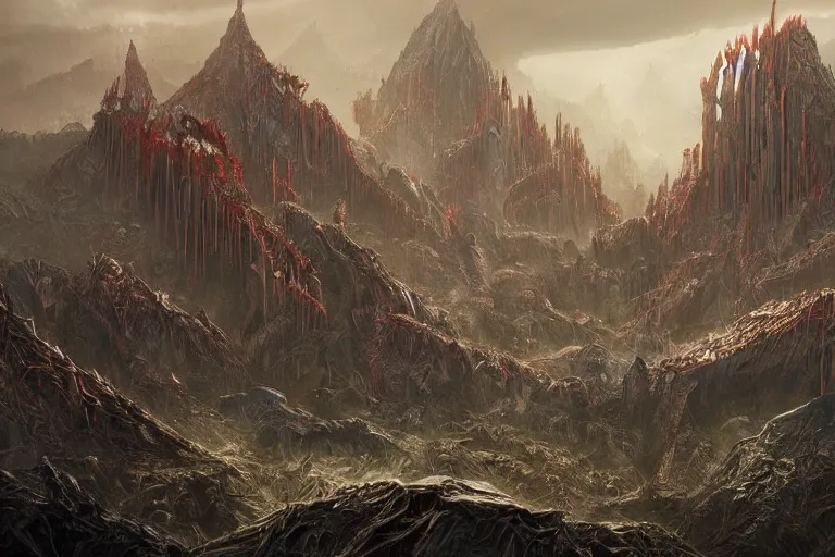 Image similar to the primordial Aztec brutalist flayed chaos fantasy landscape by Jessica Rossier and HR Giger