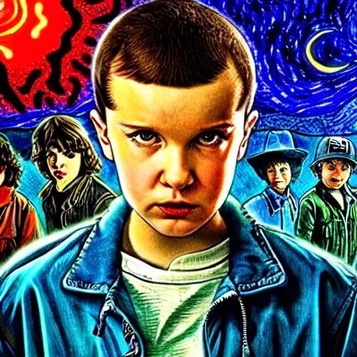 Image similar to stranger things in the style of van gogh