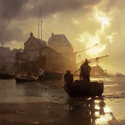 Prompt: scientific oil painting of fishing village by anders zorn, wonderful art by greg rutkowski, incredible lighting, shadows, beautiful cinematic light