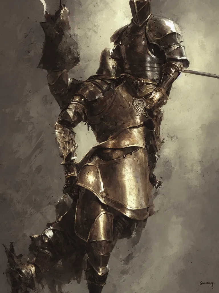 Prompt: A medieval knight with his helm off, holding a .44 Magnum, painted by Craig Mullins, trending on ArtStation