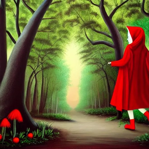 Prompt: oil painting of little red riding hood walking through a dark forest, flanked by brugmansia suaveolens trees with beautiful white flowers, scary