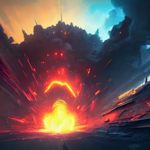 Image similar to arcane style bomb, 💣 💥, 💣 💥, 💣 💥💣 💥, bomb explosion, 💣 💥, 💣 💥, 💥, explosion, nuclear explosion, bright art masterpiece artstation. 8k, sharp high quality artwork in style of Jose Daniel Cabrera Pena and Greg Rutkowski, concept art by Tooth Wu, blizzard warcraft artwork, exploding, fiery explosion
