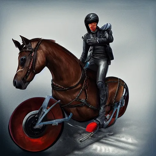 Image similar to a horse riding a motorcycle, digital painting, artstation, photo
